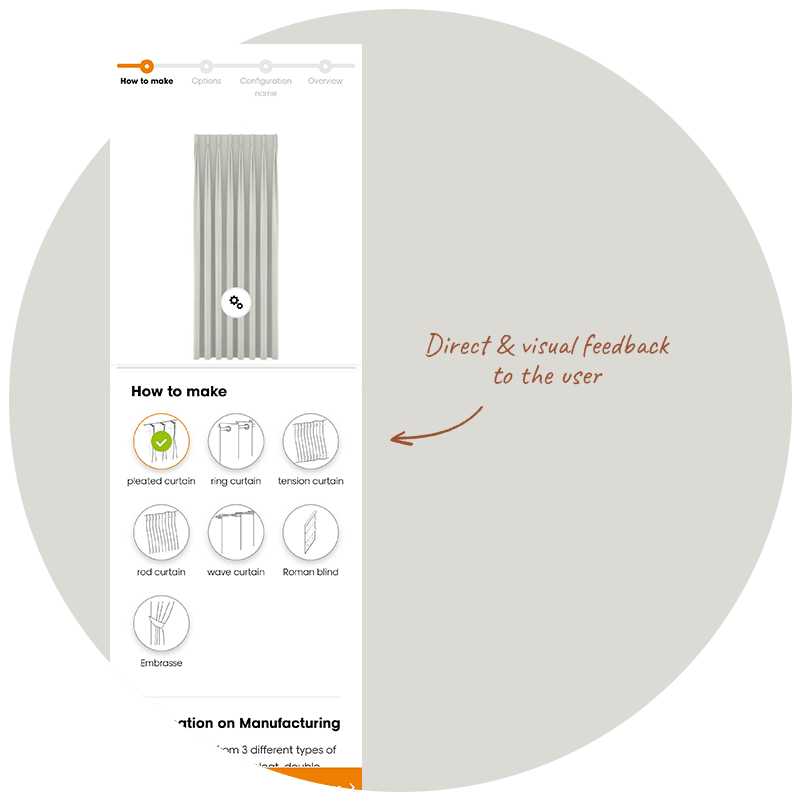 A screen from the decorator showing a curtain above a panel of curtain types. As a different type is chosen, a green tick moves to it and the curtain in the picture above changes to match. A handwritten note points at the panel and reads, direct and visual feedback to the user.